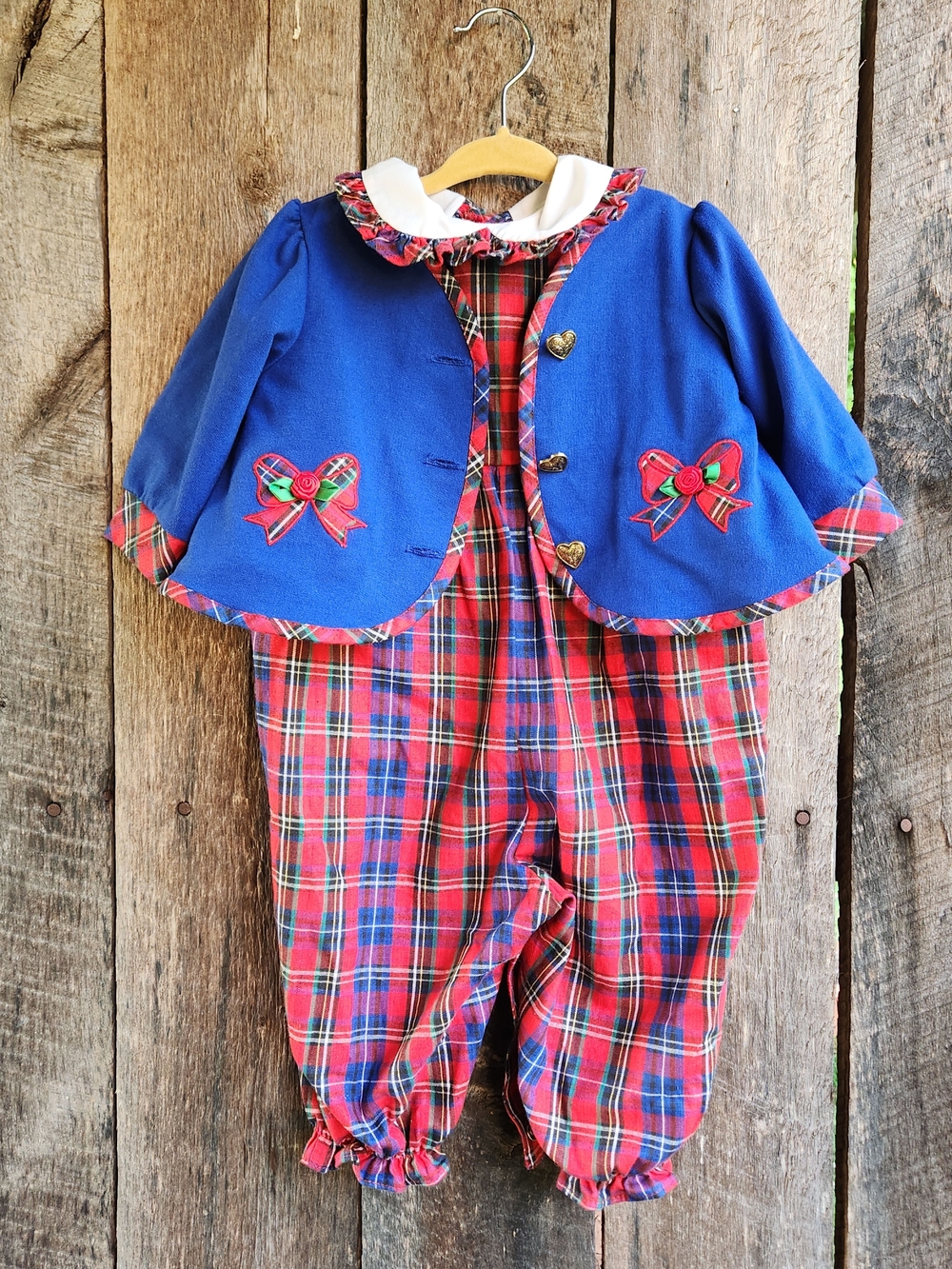 Vintage Three Piece Romper Set 6-9M Baby Red And Blue Plaid